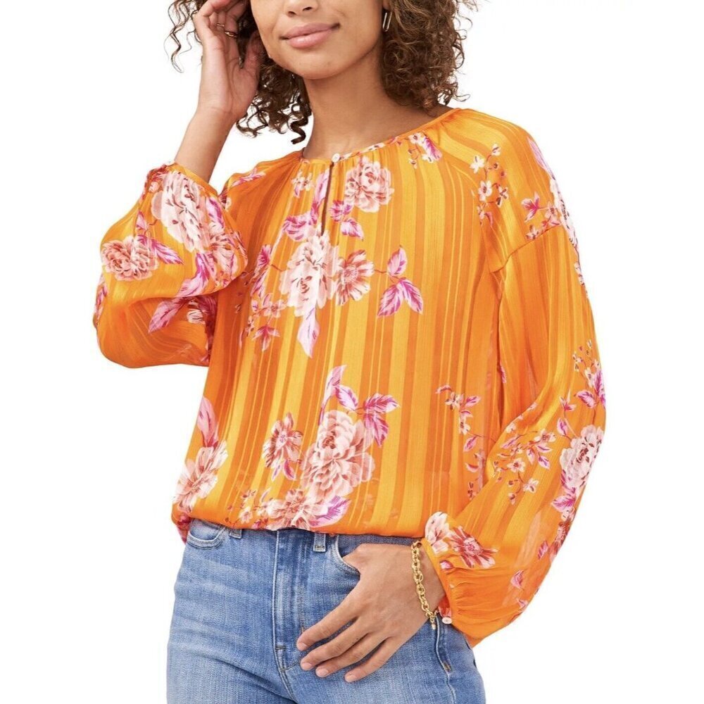 Vince Camuto Floral Peasant Blouse top Crew Neck  MEDIUM Rio Gardens NEW womens